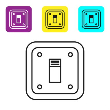 Siyah çizgi elektrik düğmesi simgesi beyaz arkaplanda izole edildi. Açık ve kapalı simgesi. Loş ışık düğmesi işareti. Enerji tasarrufu kavramı. Renkli kare düğmeleri ayarlayın. Vektör İllüstrasyonu