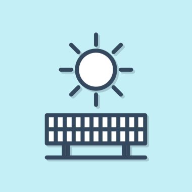 Mavi çizgi güneş enerjisi paneli ve güneş ikonu mavi arkaplanda izole edilmiş. Vektör İllüstrasyonu