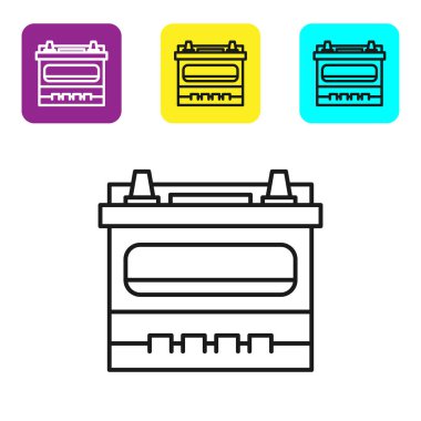 Siyah çizgili araba aküsü simgesi beyaz arkaplanda izole edildi. Akümülatör bataryası enerji ve elektrik akümülatörü bataryası. Renkli kare düğmeleri ayarlayın. Vektör İllüstrasyonu