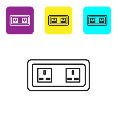 Siyah çizgi elektrik çıkış simgesi beyaz arkaplanda izole edildi. Elektrik prizi. Rosette sembolü. Renkli kare düğmeleri ayarlayın. Vektör İllüstrasyonu