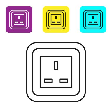 Siyah çizgi elektrik çıkış simgesi beyaz arkaplanda izole edildi. Elektrik prizi. Rosette sembolü. Renkli kare düğmeleri ayarlayın. Vektör İllüstrasyonu