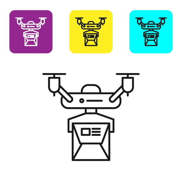 Black Line Drone Delivery Concept Icon Isolated White Background Quadrocopter — Stock Vector