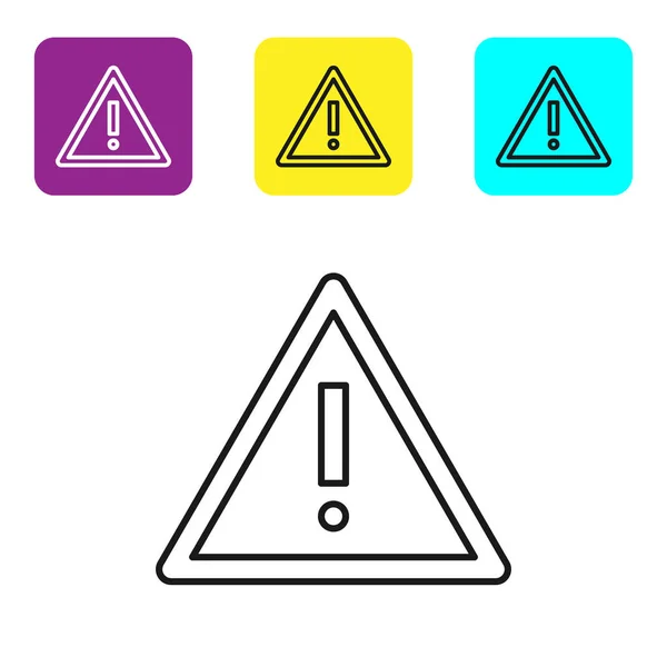 Black line Exclamation mark in triangle icon isolated on white background. Hazard warning sign, careful, attention, danger warning important sign. Set icons colorful square button. Vector Illustration — Stock Vector