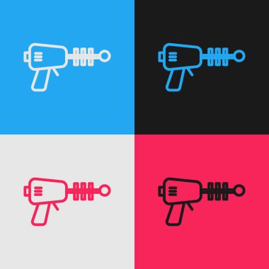 Renkli ışın tabancası simgesi renk arkaplanında izole edildi. Lazer silahı. Uzay silahı. Klasik tarzda çizim. Vektör İllüstrasyonu