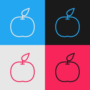 Apple renk çizgisi simgesi renk arkaplanında izole edildi. Yaprak sembollü meyve. Klasik tarzda çizim. Vektör İllüstrasyonu