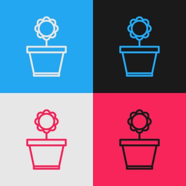 Çömlek simgesinde renk çizgisi çiçeği renk arkaplanında izole edildi. Tencerede yetişen bir bitki. Saksı bitkisi işareti. Klasik tarzda çizim. Vektör İllüstrasyonu