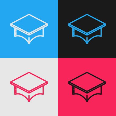 Renk çizgisi Mezuniyet simgesi renk arkaplanında izole edildi. Tassel ikonlu mezuniyet şapkası. Klasik tarzda çizim. Vektör İllüstrasyonu