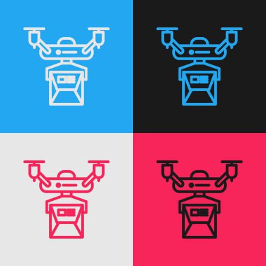 Renkli çizgi Drone dağıtım konsepti ikonu renk arkaplanında izole edildi. Quadrocopter bir paket taşıyor. Ulaşım, lojistik konsept. Klasik tarzda çizim. Vektör İllüstrasyonu
