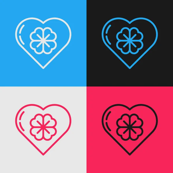 Farblinie Herz Mit Vierblättrigem Kleeblatt Symbol Auf Farbigem Hintergrund Glücklicher — Stockvektor