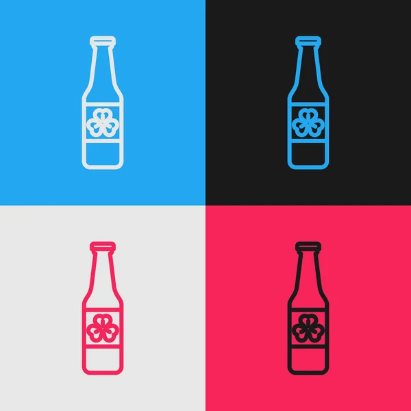 颜色线啤酒瓶与四个叶子三叶草图标隔离的色彩背景 圣帕特里克快乐的一天 复古风格的绘画 病媒图解 — 图库矢量图片
