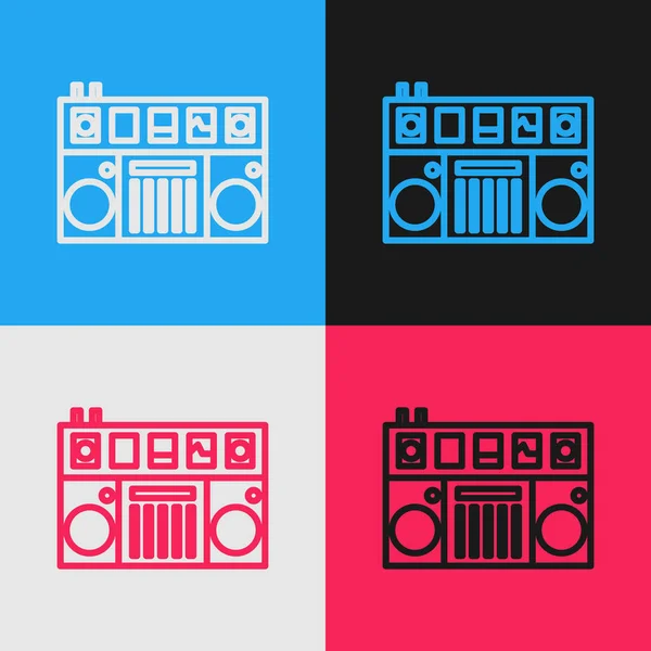 Línea de color DJ remoto para reproducir y mezclar icono de música aislado en el fondo de color. Mezclador DJ completo con reproductor de vinilo y control remoto. Dibujo de estilo vintage. Ilustración vectorial — Archivo Imágenes Vectoriales