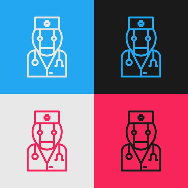 Kolor linii Robot lekarz ikona izolowane na tle koloru. Konsultacja medyczna online zrobotyzowana sylwetka sztuczna inteligencja. Rysowanie w stylu vintage. Ilustracja wektora — Wektor stockowy