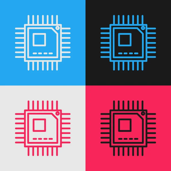 Linea di colore Processore di computer con microcircuiti icona CPU isolata su sfondo a colori. Chip o cpu con segno circuito stampato. Microprocessore. Disegno in stile vintage. Illustrazione vettoriale — Vettoriale Stock
