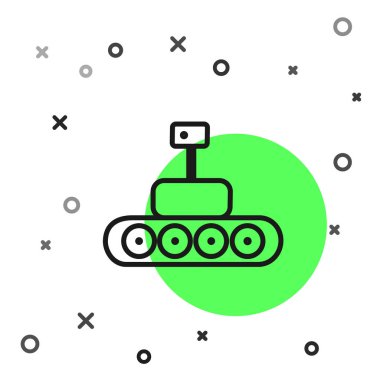 Siyah çizgi Mars gezgini simgesi beyaz arka planda izole edildi. Uzay aracı. Ay yürüyüşü işareti. Gezegen yüzeyini incelemek için bir cihaz. Vektör İllüstrasyonu