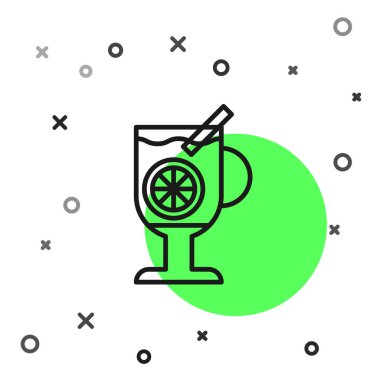 Siyah çizgi beyaz arka planda izole edilmiş bir bardak içki ve malzeme ikonu ile karıştırılmış şarap. Tarçın çubuğu, karanfil, limon dilimi. Vektör İllüstrasyonu