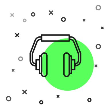 Siyah çizgi kulaklık simgesi beyaz arkaplanda izole edildi. Kulaklıklar. Müzik, hizmet, iletişim ve operatör konsepti. Vektör İllüstrasyonu