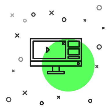 Siyah çizgi video kaydedicisi veya bilgisayar monitörü simgesindeki düzenleyici yazılımı beyaz arkaplanda izole edildi. Vektör İllüstrasyonu