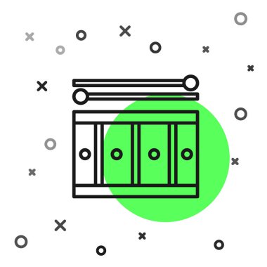 Beyaz arka planda izole davul çubukları simgesi ile Siyah hat Drum. Müzik işareti. Müzik aleti sembolü. Vektör İllüstrasyonu