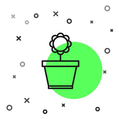 Beyaz arkaplanda siyah çizgi çiçek ikonu izole edildi. Tencerede yetişen bir bitki. Saksı bitkisi işareti. Vektör İllüstrasyonu