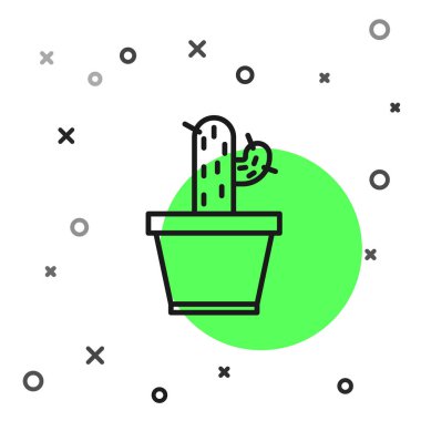 Siyah çizgi kaktüs ve beyaz arka planda izole edilmiş tencere simgesinde sulu. Tencerede yetişen bir bitki. Saksı bitkisi işareti. Vektör İllüstrasyonu