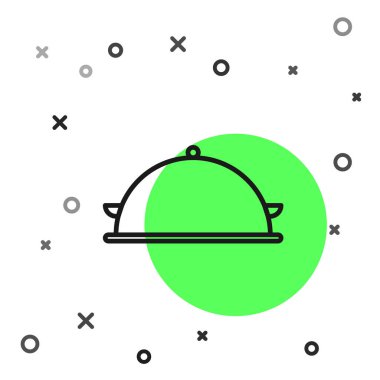 Siyah çizgi beyaz arka plan üzerinde izole gıda simgesi bir tepsi ile kaplı. Tepsi ve kapak işareti. Kapaklı restoran cloche. mutfak sembolü. Vektör İllüstrasyonu