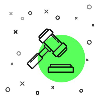 Siyah çizgi Yargıç Tokmak ikonu beyaz arka planda izole edildi. Gavel cezaların, faturaların, mahkemenin, adaletin hükmünü verecek. Açık arttırma çekici. Vektör İllüstrasyonu