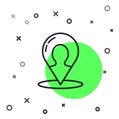 Beyaz arkaplanda izole edilmiş bir insan simgesinin silüeti olan siyah çizgi haritası. GPS konum sembolü. Vektör İllüstrasyonu