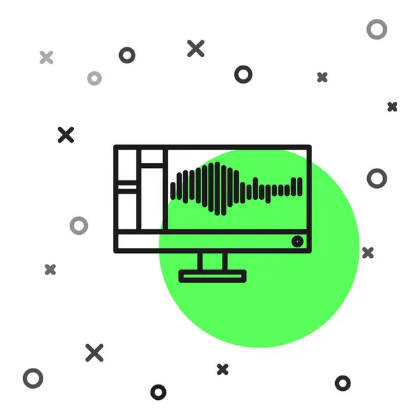 Черная линия Звуковой или аудио рекордер или редактор программного обеспечения на экране компьютера значок изолирован на белом фоне. Векторная миграция — стоковый вектор