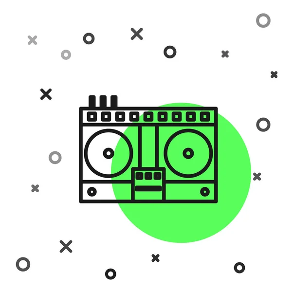 Black line DJ remote for playing and mixing music icon изолирован на белом фоне. DJ миксер в комплекте с виниловым проигрывателем и пультом дистанционного управления. Векторная миграция — стоковый вектор