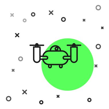 Siyah çizgi Drone beyaz arka plan üzerinde izole aksiyon video kamera simgesi ile uçan. Video ve fotoğraf makinesi sembolü ile Quadrocopter. Vektör İllüstrasyonu