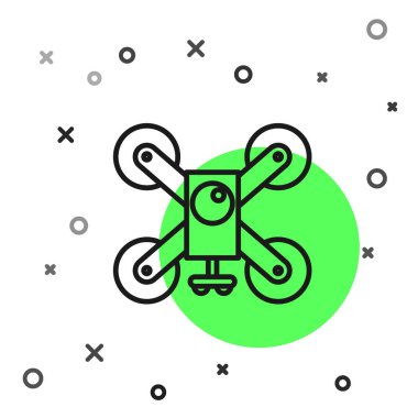 Siyah çizgi Drone beyaz arka plan üzerinde izole aksiyon video kamera simgesi ile uçan. Video ve fotoğraf makinesi sembolü ile Quadrocopter. Vektör İllüstrasyonu