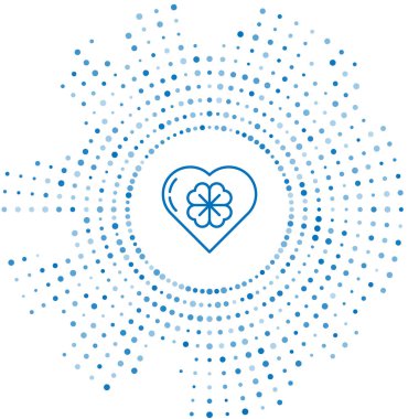 Mavi çizgili kalp, beyaz arka planda dört yapraklı yonca simgesi var. Mutlu Aziz Patrick günleri. Soyut çember rastgele noktalar. Vektör İllüstrasyonu