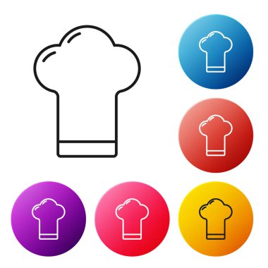 Siyah çizgi Şefi şapkası simgesi beyaz arkaplanda izole edildi. Aşçılık sembolü. Aşçı şapkası. Renkli daire düğmelerini ayarlayın. Vektör İllüstrasyonu