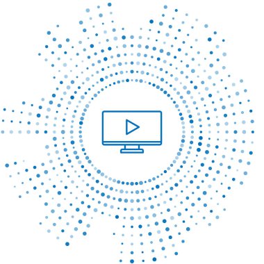 Mavi çizgi Online video oynatma simgesi beyaz arkaplanda izole edildi. Bilgisayar monitörü ve oyun işaretli film şeridi. Soyut çember rastgele noktalar. Vektör İllüstrasyonu