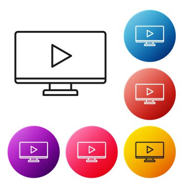Siyah çizgi çevrimiçi video simgesi beyaz arkaplanda izole edildi. Bilgisayar monitörü ve oyun işaretli film şeridi. Renkli daire düğmelerini ayarlayın. Vektör İllüstrasyonu