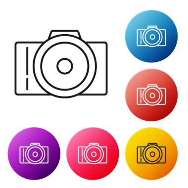 Siyah çizgi Fotoğraf kamerası simgesi beyaz arka planda yalıtılmış. Foto kamera simgesi. Simgeleri renkli daire düğmeleri ayarlayın. Vektör İllüstrasyonu