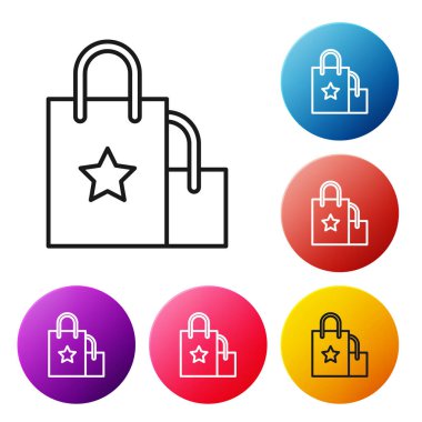 Siyah çizgi Kağıt alışveriş çantası simgesi beyaz arka plan üzerinde izole. Paket işareti. Simgeleri renkli daire düğmeleri ayarlayın. Vektör İllüstrasyonu
