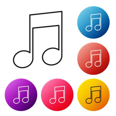 Siyah çizgi müzik notası, ton simgesi beyaz arkaplanda izole edilmiş. Renkli daire düğmelerini ayarlayın. Vektör İllüstrasyonu