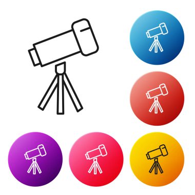 Siyah çizgi Teleskop simgesi beyaz arkaplanda izole edildi. Bilimsel bir alet. Eğitim ve astronomi elementi, dürbün ve çalışma yıldızları. Renkli daire düğmelerini ayarlayın. Vektör İllüstrasyonu