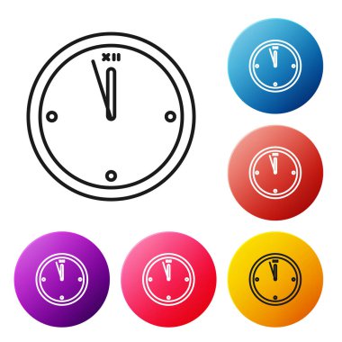 Siyah çizgi saat simgesi beyaz arkaplanda izole edildi. Zaman sembolü. Mutlu Noeller ve mutlu yıllar. Renkli daire düğmelerini ayarlayın. Vektör İllüstrasyonu