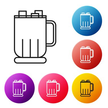 Siyah çizgi. Beyaz arka planda izole edilmiş lokum ikonu olan sıcak çikolata bardağı. Mutlu Noeller ve mutlu yıllar. Renkli daire düğmelerini ayarlayın. Vektör İllüstrasyonu