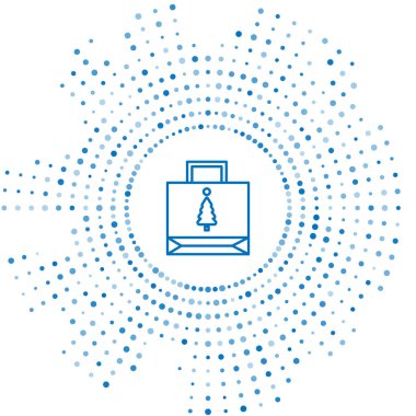 Mavi çizgi, beyaz arkaplanda izole edilmiş bir Noel poşeti ikonu. Paket işareti. Mutlu Noeller ve mutlu yıllar. Soyut çember rastgele noktalar. Vektör İllüstrasyonu