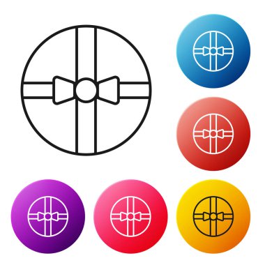 Beyaz arkaplanda siyah çizgi hediye kutusu simgesi izole edildi. Mutlu Noeller ve mutlu yıllar. Renkli daire düğmelerini ayarlayın. Vektör İllüstrasyonu