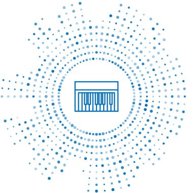 Mavi çizgi müzik sentezleyici simgesi beyaz arkaplanda izole edildi. Elektronik piyano. Soyut çember rastgele noktalar. Vektör İllüstrasyonu