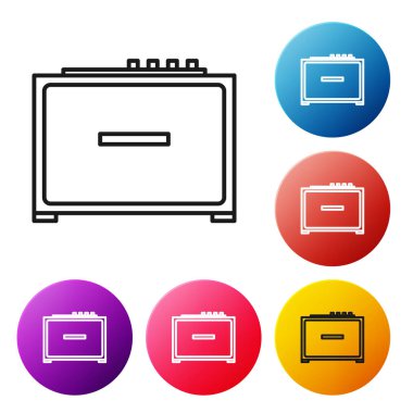 Siyah çizgi Gitar yükseltici simgesi beyaz arkaplanda izole edildi. Müzik aleti. Renkli daire düğmelerini ayarlayın. Vektör İllüstrasyonu