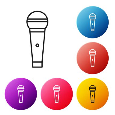 Siyah çizgi mikrofon simgesi beyaz arkaplanda izole edildi. Radyodaki mikrofondan. Sözcü işareti. Renkli daire düğmelerini ayarlayın. Vektör İllüstrasyonu