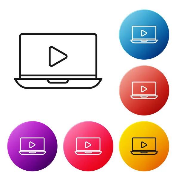 Schwarze Linie online spielen Video-Symbol isoliert auf weißem Hintergrund. Laptop und Filmstreifen mit Spielschild. setzen Symbole bunte Kreis-Tasten. Vektorillustration — Stockvektor