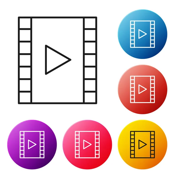 Linea nera Riproduci icona video isolata su sfondo bianco. Striscia di pellicola con segno di gioco. Set icone colorati pulsanti cerchio. Illustrazione vettoriale — Vettoriale Stock