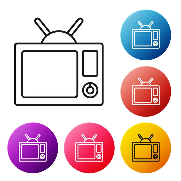 Schwarze Linie TV-Symbol isoliert auf weißem Hintergrund. Fernsehzeichen. setzen Symbole bunte Kreis-Tasten. Vektorillustration — Stockvektor