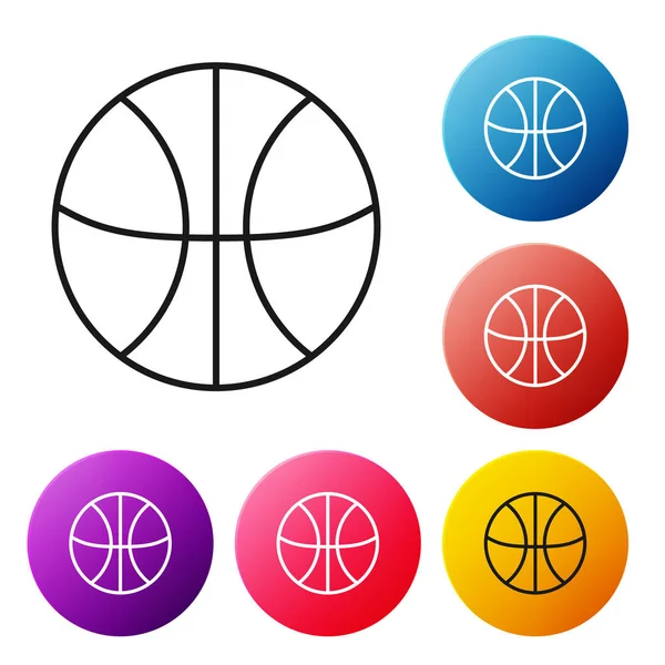 Ligne noire Icône de ballon de basket isolé sur fond blanc. Symbole sportif. Définir des icônes boutons de cercle colorés. Illustration vectorielle — Image vectorielle